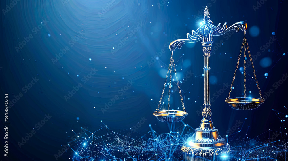Digital illustration of scales of justice in blue background. 3d ...