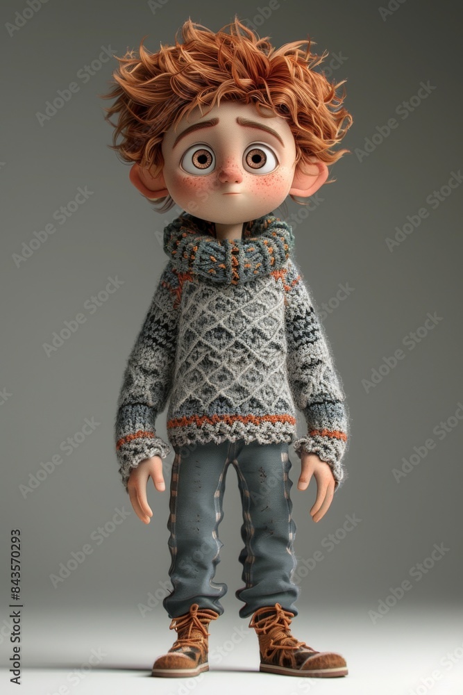 A 3D style cartoon character of a boy with messy red hair, wearing a knitted sweater and jeans, looking confused. A 3D style cartoon character of a boy with messy red hair, wearing a knitted sweater and jeans, looking confused.