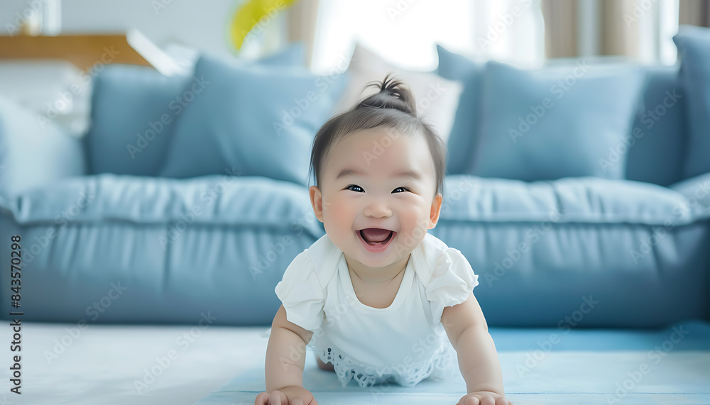 cute Asian baby crawling living room floor wearing white smiling happily camera background feature modern minimalist style sofa blue accent Soft lighting used highlight her adorable appearance cute Asian baby crawling living room floor wearing white smiling happily camera background feature modern minimalist style sofa blue accent Soft lighting used highlight her adorable appearance
