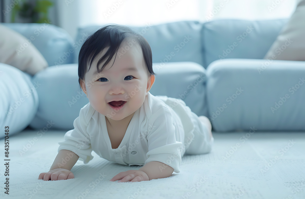 cute Asian baby crawling living room floor wearing white smiling happily background feature light blue sofa highdefinition photography style style of soft tone clear detail of facial expression cute Asian baby crawling living room floor wearing white smiling happily background feature light blue sofa highdefinition photography style style of soft tone clear detail of facial expression