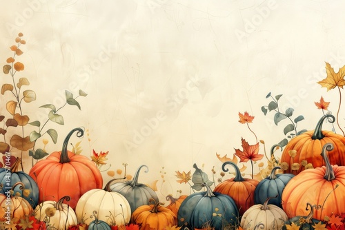 A whimsical illustration of pumpkins in various colors, surrounded by autumn leaves and plants, celebrating the fall season. photo