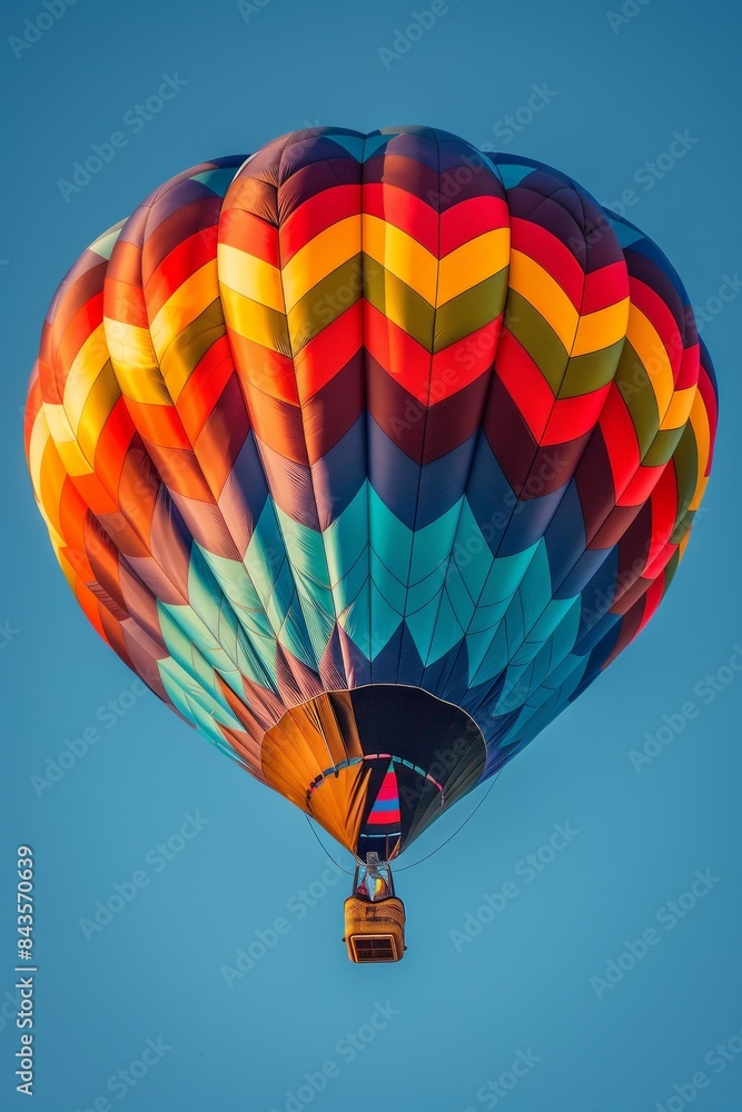 Fototapeta premium A colorful hot air balloon against a clear blue sky, highlighting its vibrant patterns and the adventure of ballooning.