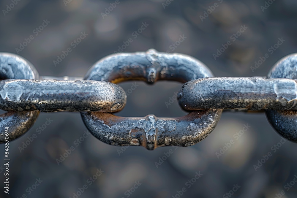 A close-up view of a metal chain link, showing details of its texture and wear. A close-up view of a metal chain link, showing details of its texture and wear.