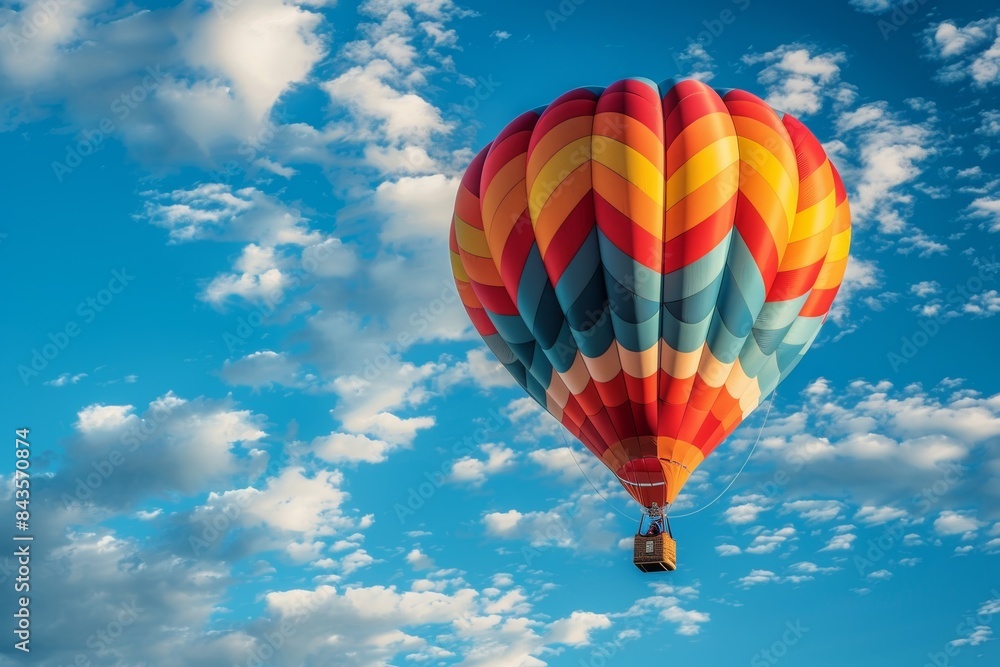 A colorful hot air balloon floating in a clear blue sky with scattered clouds. A colorful hot air balloon floating in a clear blue sky with scattered clouds.