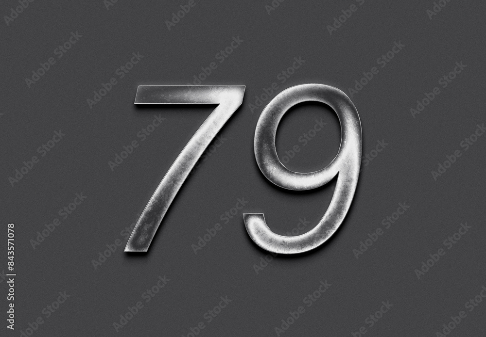 Naklejka premium Chrome metal 3D number design of 79 on grey background.