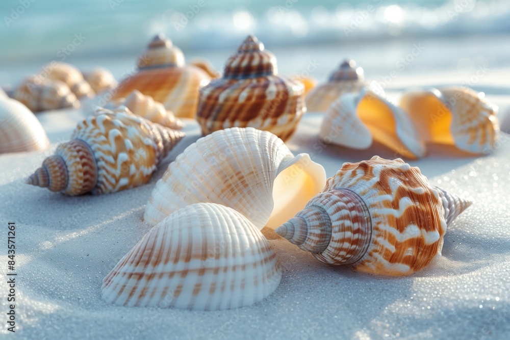 Seashells scattered on the sandy beach with the ocean in the background. Seashells scattered on the sandy beach with the ocean in the background.