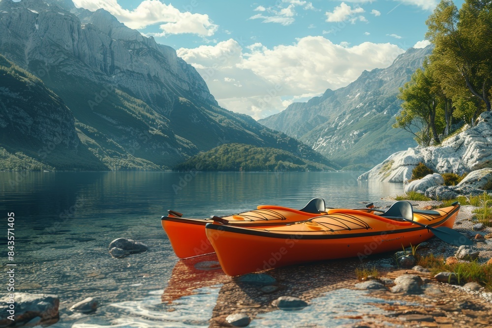 Two orange kayaks on a serene mountain lake with clear water, surrounded by high peaks and lush greenery. Two orange kayaks on a serene mountain lake with clear water, surrounded by high peaks and lush greenery.