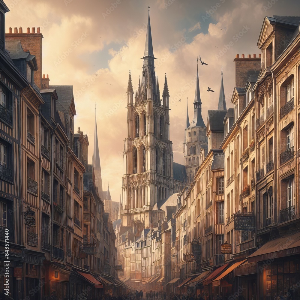 Fototapeta premium The Tower of St Romain Church, Rouen, from Rue Horlogue illustration vector generative ai 