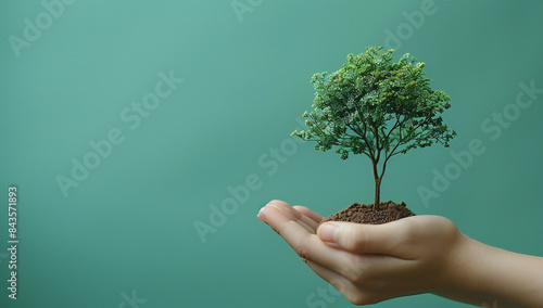 Hands Holding Earth and Tree on Green Background