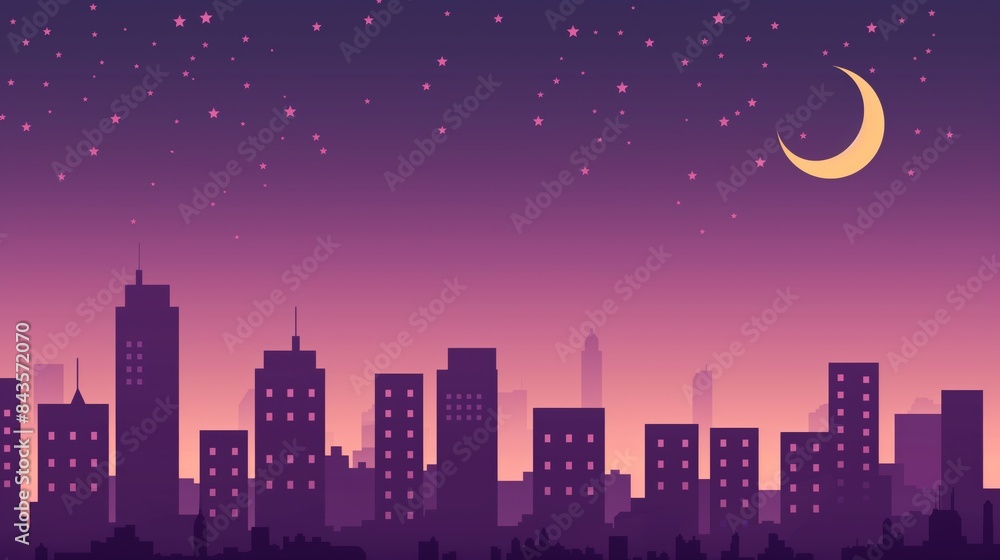 Naklejka premium City skyline at dawn with crescent moon and stars on a pink background