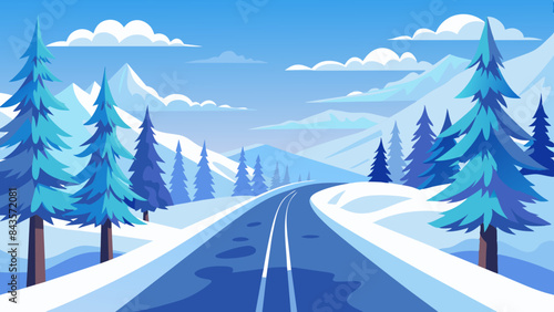 Landscape of a winter road in a pine forest and snowy weather vector  illustration 