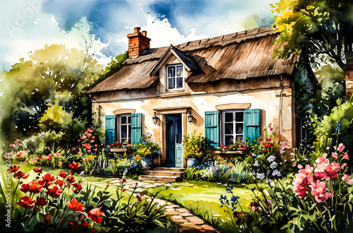 A charming country cottage surrounded by a lush garden  with every flower  leaf  and architectural detail finely painted vector art illustration generative AI image. 