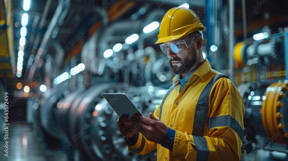 Male engineer in safety gear using a tablet to monitor operations inside a modern industrial plant. Male engineer in safety gear using a tablet to monitor operations inside a modern industrial plant.