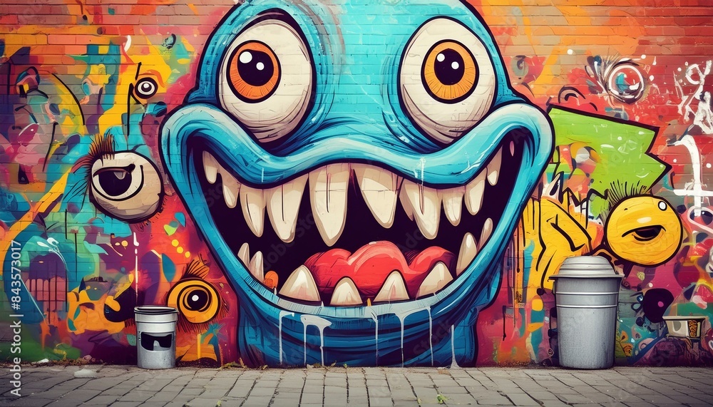 Naklejka premium Street art composition with cartoon monster character, graffiti style
