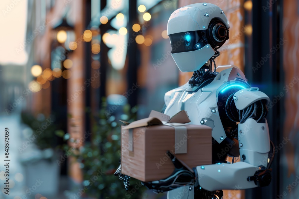 Naklejka premium Robot Delivering Package on Street, High-Tech Logistics