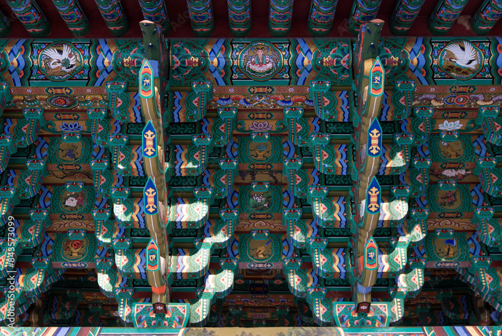 View of the traditional Korean painting on the gate in the Buddhist temple View of the traditional Korean painting on the gate in the Buddhist temple