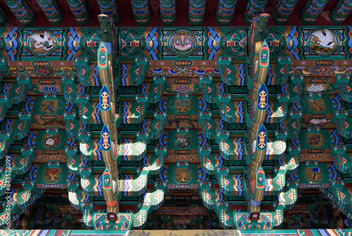 View of the traditional Korean painting on the gate in the Buddhist temple