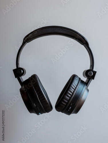 Wireless headphones floating with minimal backdrop - Suspended modern wireless headphones against a clean white background, creating a minimalist look photo