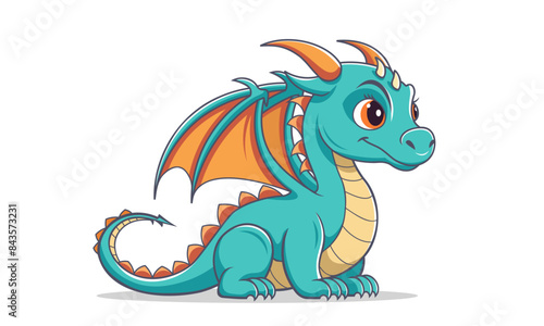 Vector cartoon cute cuddly green dragon cub with wings. Kawaii fairy tale magical creature. The legendary kind little animal. White isolated background.