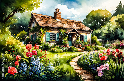 A charming country cottage surrounded by a lush garden, with every flower, leaf, and architectural detail finely painted vector art illustration generative AI image. 