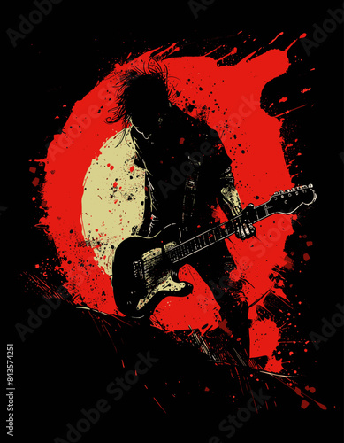 silhouette of a rock guitarist with a guitar on an abstract black and red background