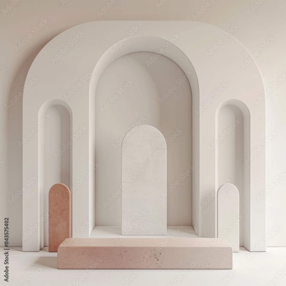 Three soft rounded shapes in different shades on a white background, accompanied by a flat rectangular shape at the bottom center and a tall arched structure. Three soft rounded shapes in different shades on a white background, accompanied by a flat rectangular shape at the bottom center and a tall arched structure.