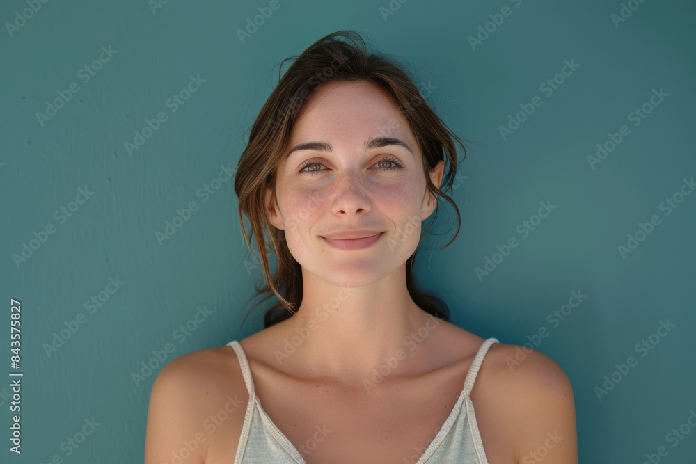 A close up portrait of a young woman with a subtle smile A close up portrait of a young woman with a subtle smile