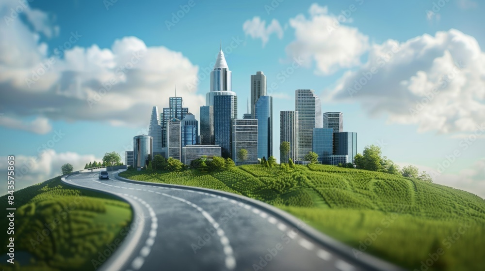 3D illustration photos of road advertisements Separated city streets City skyline with land 3D illustration photos of road advertisements Separated city streets City skyline with land
