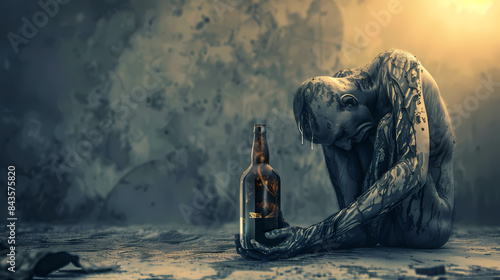 A somber depiction of alcohol addiction, showcasing a person struggling with alcoholic tendencies, symbolizing the distressing issue of drinking problems in society.  photo
