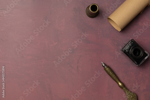 Background in retro style with ink, quill pen and paper. Conceptual background on history, education, literature topics. Copy space