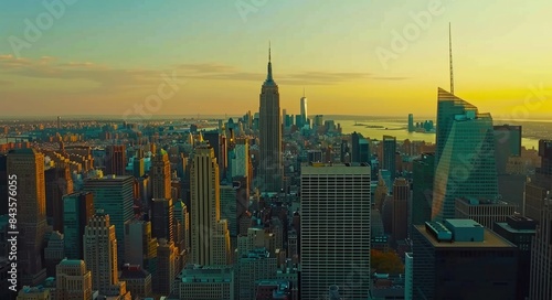 Panoramic view of Manhattan during sunset.