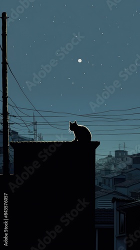 Litograph minimal sleepy cat night silhouette building. photo