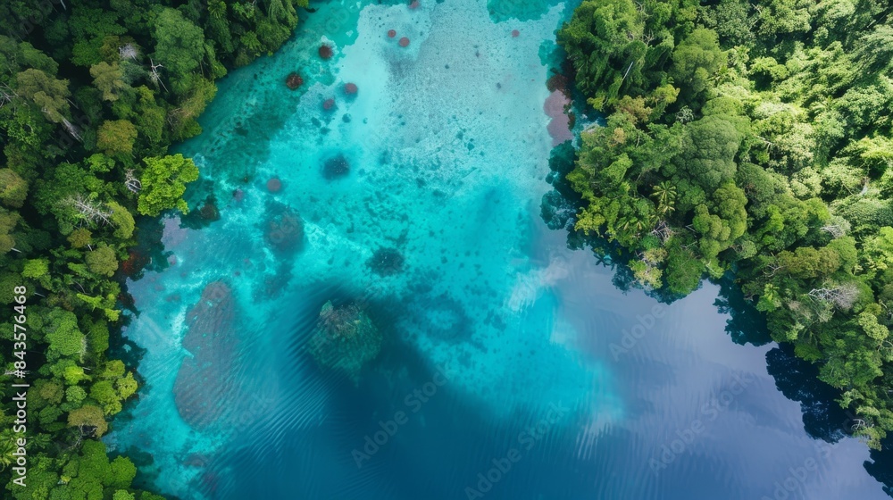 Aerial View of a Lush Green Island Coastline With Turquoise Waters and Coral Reefs Aerial View of a Lush Green Island Coastline With Turquoise Waters and Coral Reefs