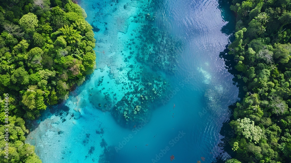 Aerial View of a Lush Green Island Coastline With Turquoise Waters and Coral Reefs Aerial View of a Lush Green Island Coastline With Turquoise Waters and Coral Reefs
