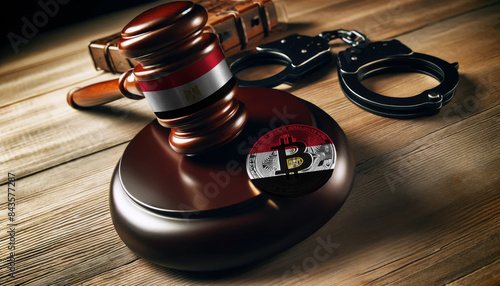 Legal implications of Bitcoin: A gavel, handcuffs, and Bitcoin symbol under the Egypt flag, highlighting regulatory challenges