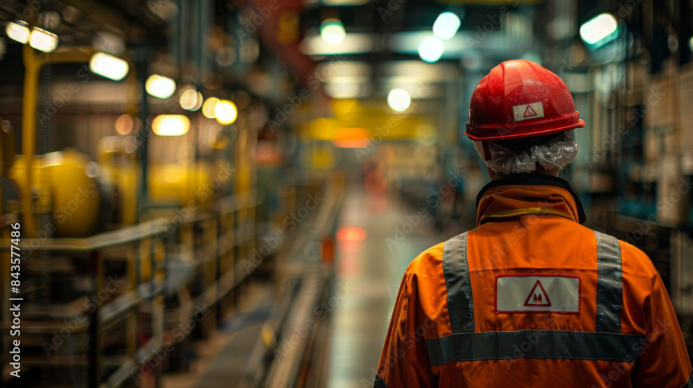 Back view of a factory worker in orange safety gear and red helmet, walking through a busy industrial facility. Back view of a factory worker in orange safety gear and red helmet, walking through a busy industrial facility.