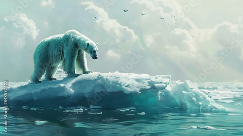 A polar bear stranded on a melting iceberg, surrounded by vast, open ocean, 8k © Artistic_Creation