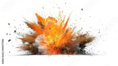 Explosion with a shockwave and flying debris on a white background
