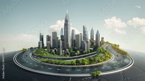 3D illustration photos of road advertisements Separated city streets City skyline with land