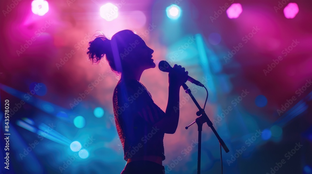 Silhouette of a singer holding a microphone on stage with colorful lights
