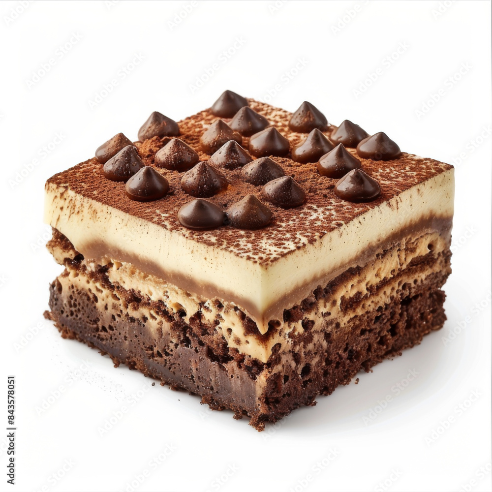 Square slice of chocolate tiramisu cake with layers of creamy filling, cocoa powder, and chocolate drops on a white background. Square slice of chocolate tiramisu cake with layers of creamy filling, cocoa powder, and chocolate drops on a white background.