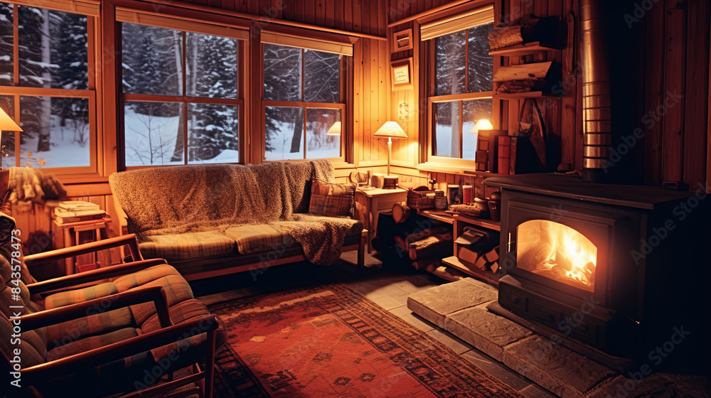 a cozy rustic cabin winter in the woods, living room at night with rug, a warm fire blazing in the fireplace a cozy rustic cabin winter in the woods, living room at night with rug, a warm fire blazing in the fireplace