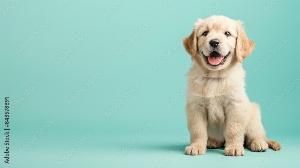 © MarkFinal - A cute Golden Retriever puppy sitting on a solid pastel mint background, space above for text