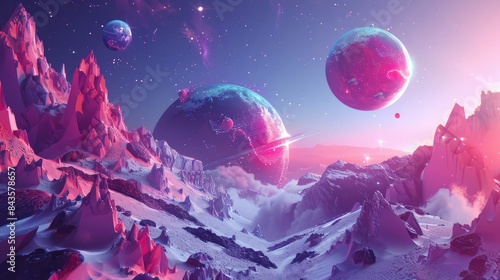 3D geometric shapes merging in a vibrant cosmic landscape