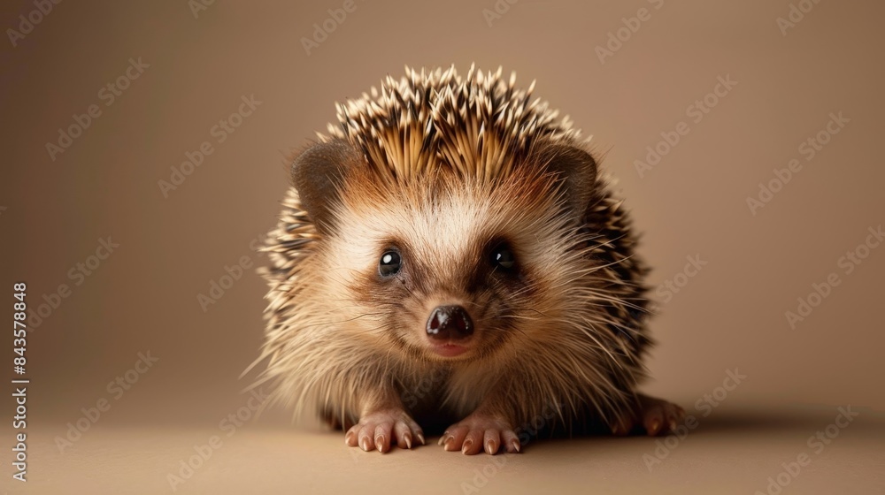 A cute hedgehog with brown and white fur, looking directly at the camera with a curious expression. A cute hedgehog with brown and white fur, looking directly at the camera with a curious expression.
