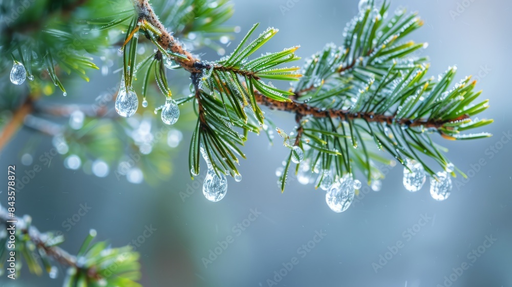 Close-Up of Pine Tree Branch with Dew Drops in Morning Light, Nature Photography, Freshness and Tranquility, Perfect for Environmental and Botanical Themes, High-Resolution Image for Stock Use Close-Up of Pine Tree Branch with Dew Drops in Morning Light, Nature Photography, Freshness and Tranquility, Perfect for Environmental and Botanical Themes, High-Resolution Image for Stock Use