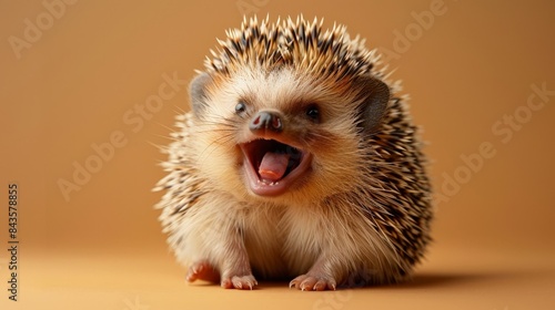 A cute hedgehog with its mouth open, looking up and smiling. photo