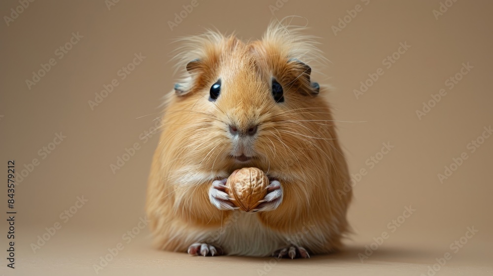 Fototapeta premium A fluffy brown guinea pig holds a walnut in its paws, looking directly at the camera.