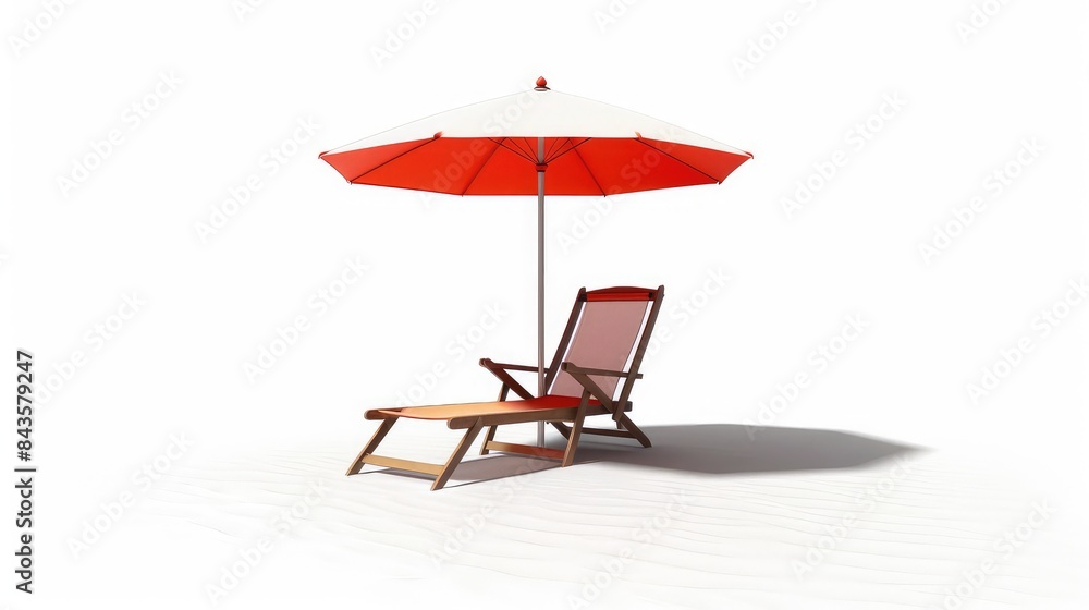 Beach Umbrella and Chair: A small model or illustration of a beach umbrella and chair, set against a white background Beach Umbrella and Chair: A small model or illustration of a beach umbrella and chair, set against a white background