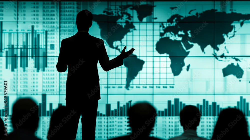 Business presentation with a silhouette of a man and global map in the background, discussing data and statistics to an audience. Business presentation with a silhouette of a man and global map in the background, discussing data and statistics to an audience.